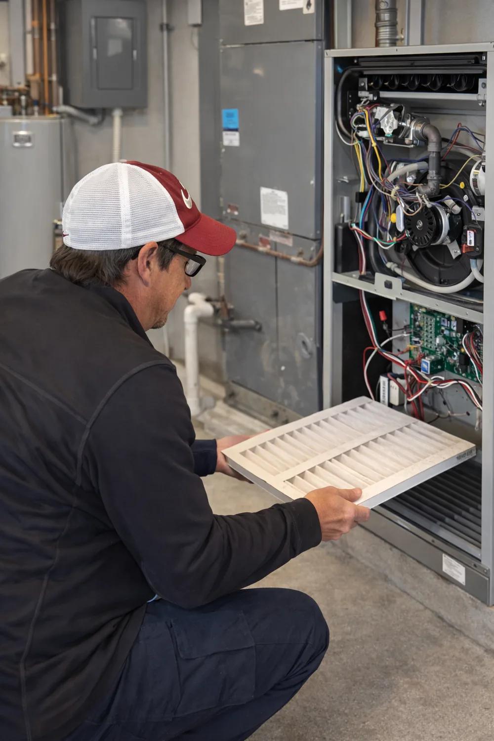 Andy Mitchell replacing an air filter at an open air handler