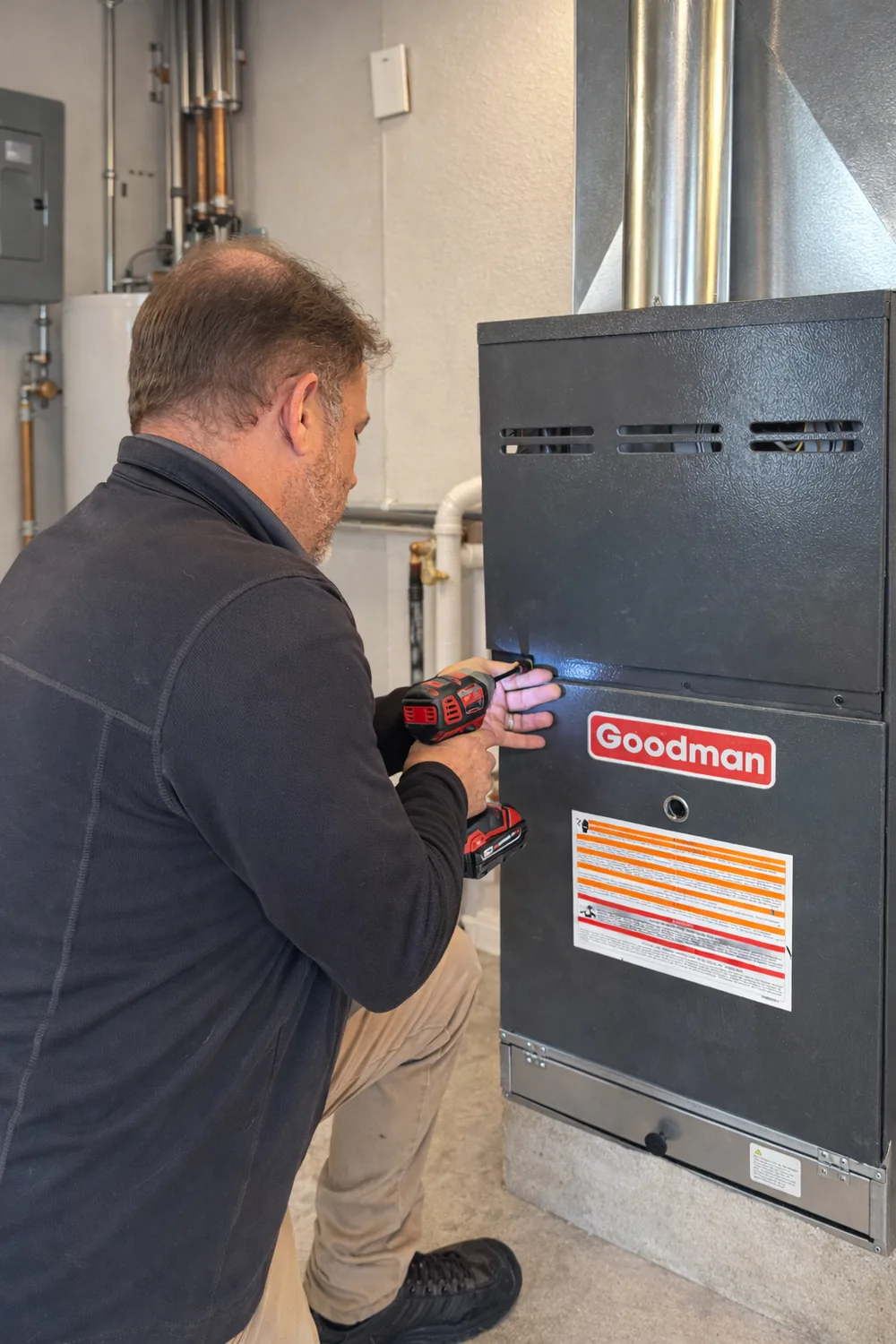 Mike Jeanneret servicing a Goodman furnace on a Kansas City service call